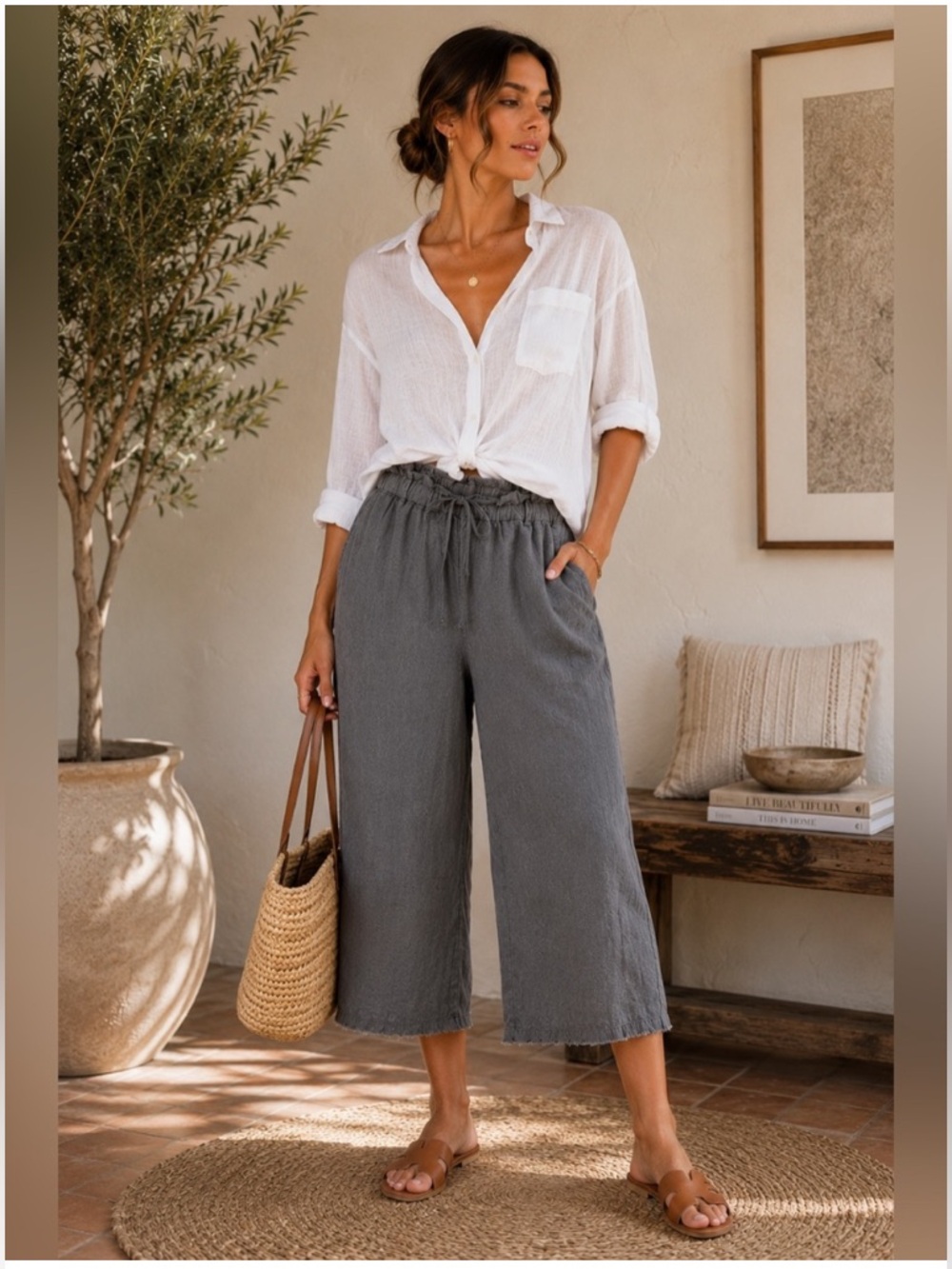 100% Linen Wide Leg Cropped Pants Boho Beachy Coastal Cloth & Stone